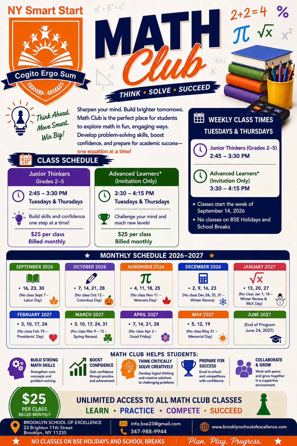 NY Smart Start Math Club 2026–2027 flyer