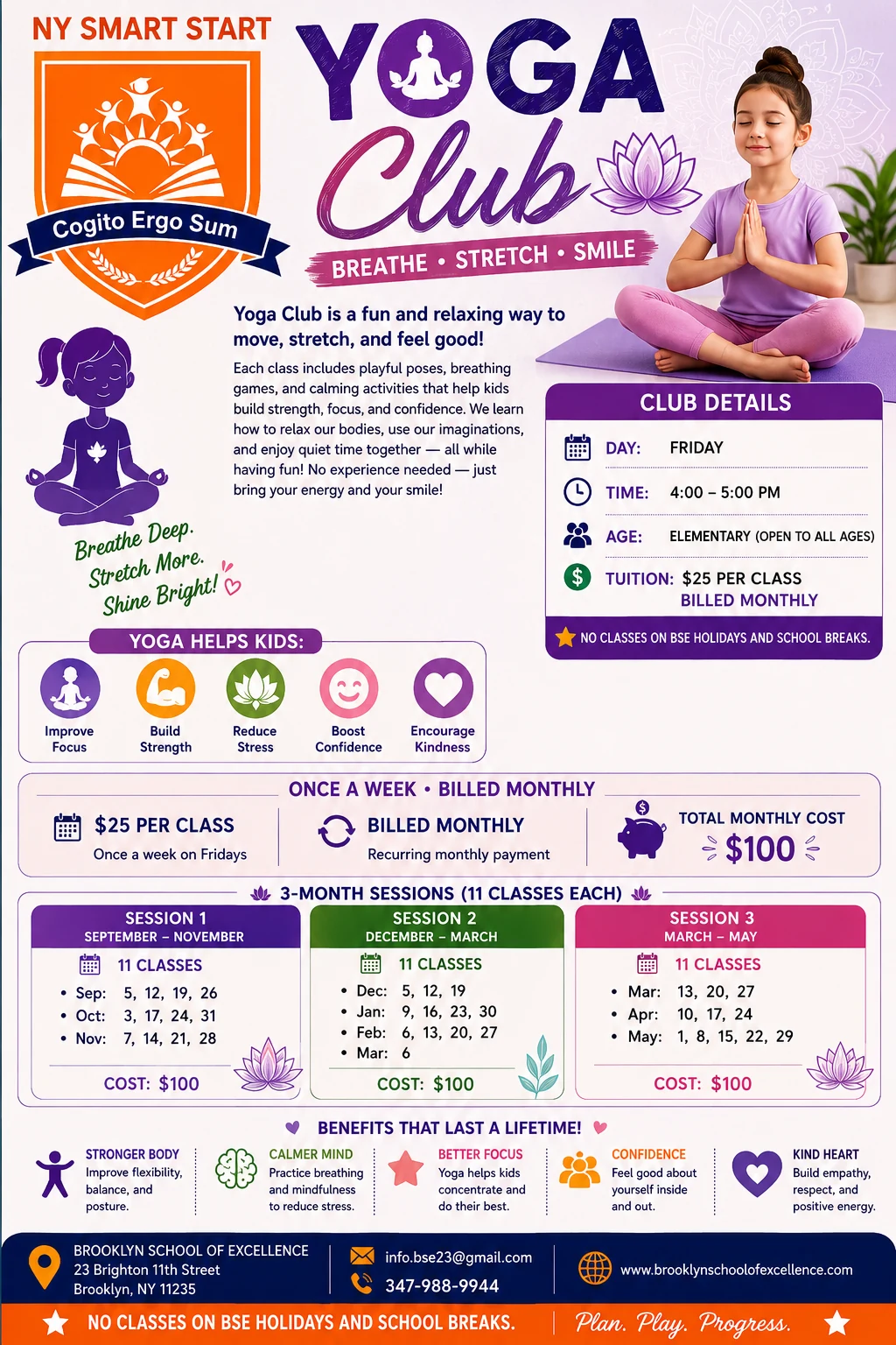 NY Smart Start Yoga Club 2026–2027 flyer
